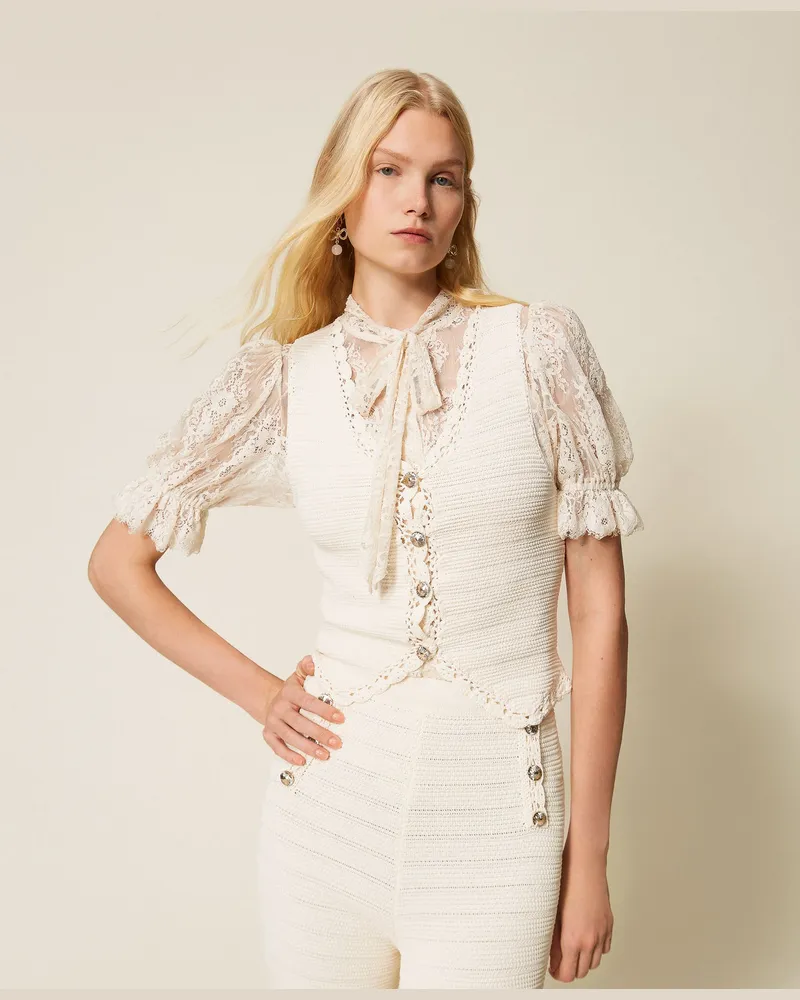 Twin-Set Tops - Strickweste mit Häkeleinsatz, „Parchment"-Beige, Größe „parchment“-beige