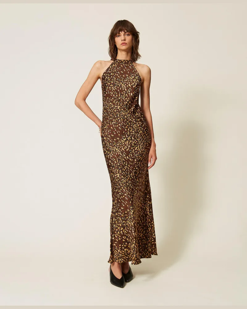Twin-Set Neckholder-Maxikleid aus Satin mit Animaldessin Animal