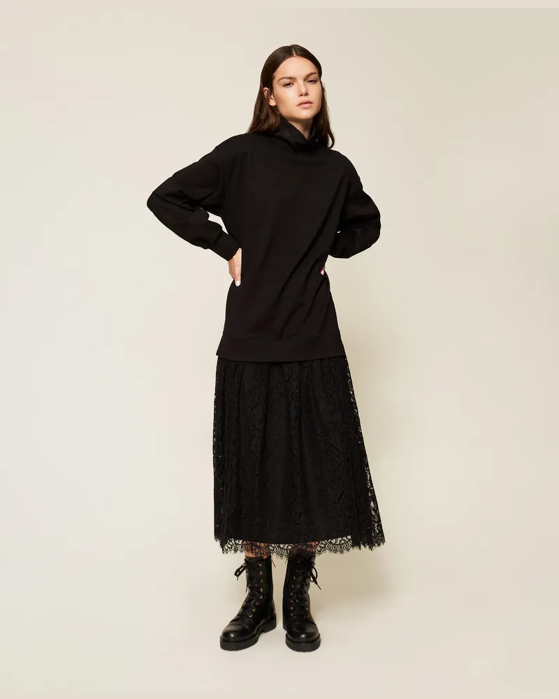 Twin-Set Kleider - Midi-Kleid aus Sweatstoff und Spitze, Schwarz, Größe Schwarz
