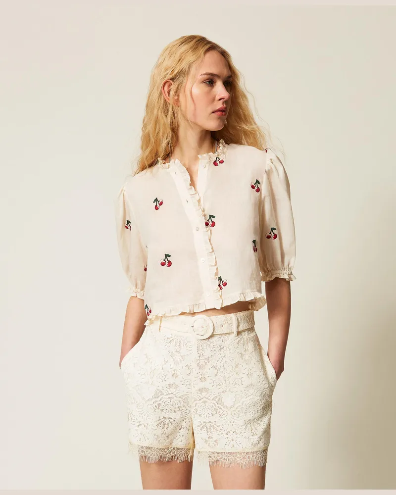 Twin-Set Hosen - Shorts aus Spitze mit Gürtel, Perlmutt, Größe Perlmutt