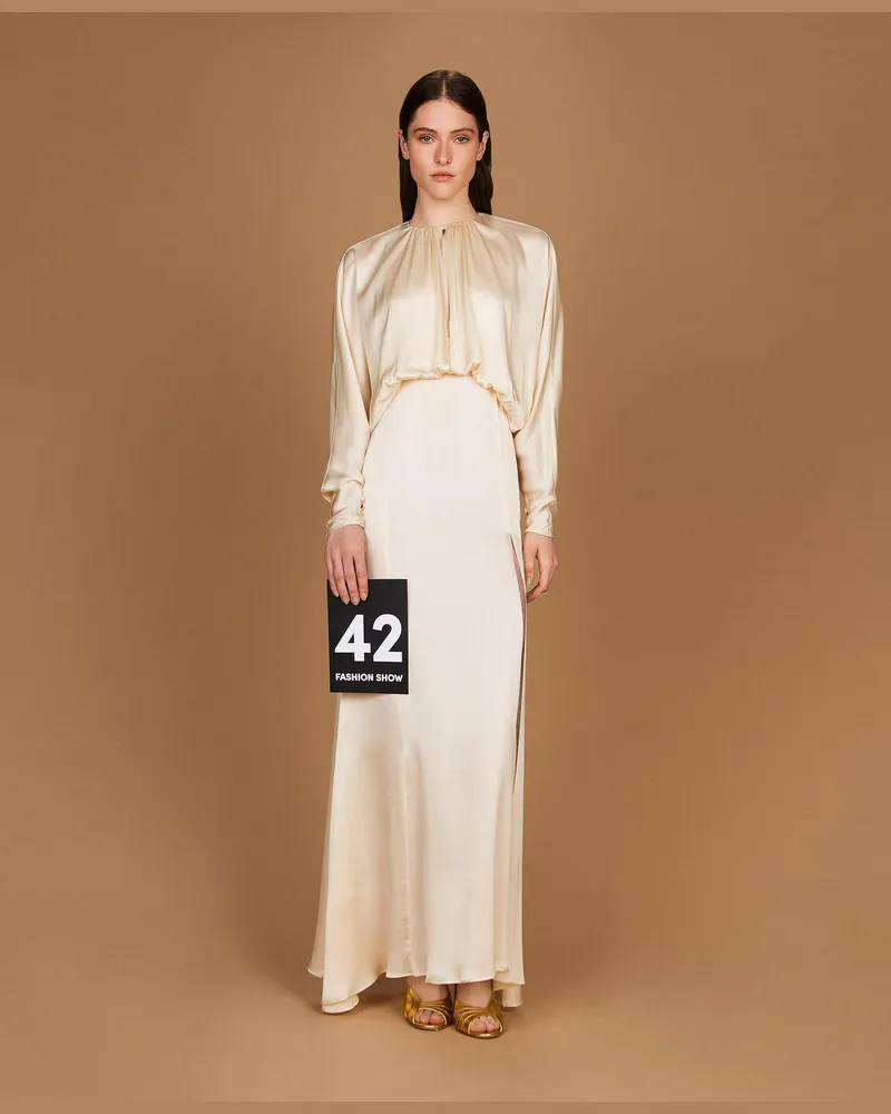 Twin-Set Langes Kleid aus Seidenmischsatin, Damen, „Butter Cookie"-Weiß „butter