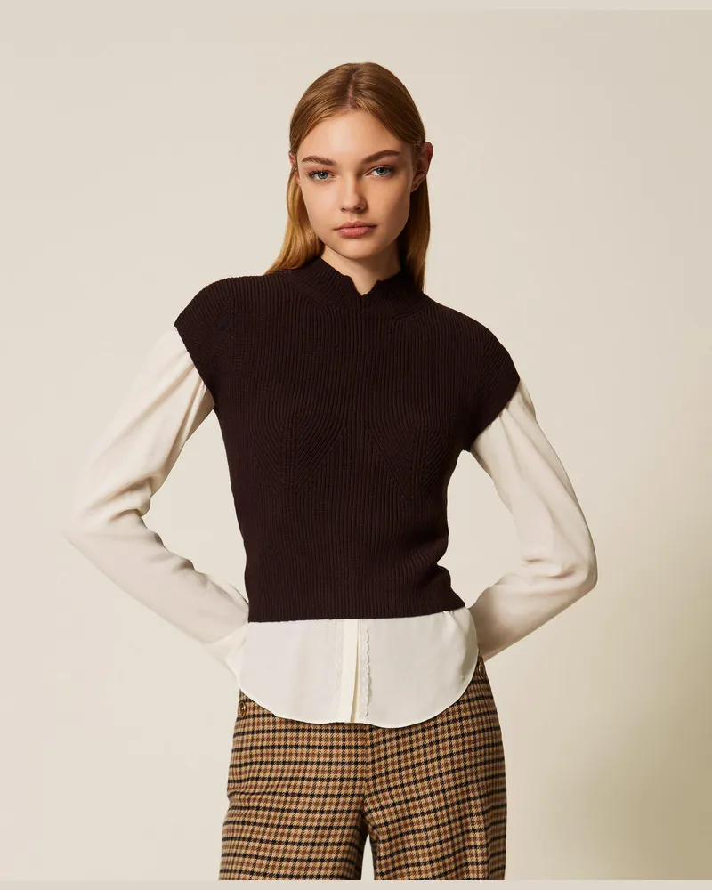 Twin-Set Figurbetonter Stehkragenpullover, Black Chocolate, Größe: XXL 