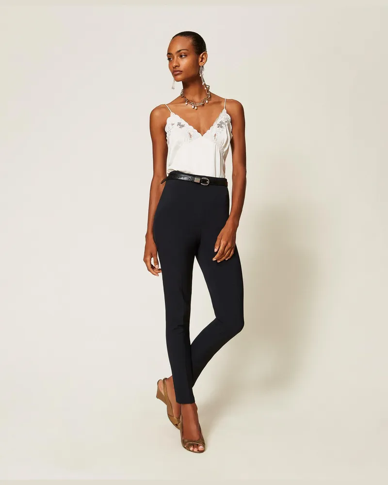 Twin-Set Figurbetonte Hose aus Crêpe, Damen, Schwarz Schwarz