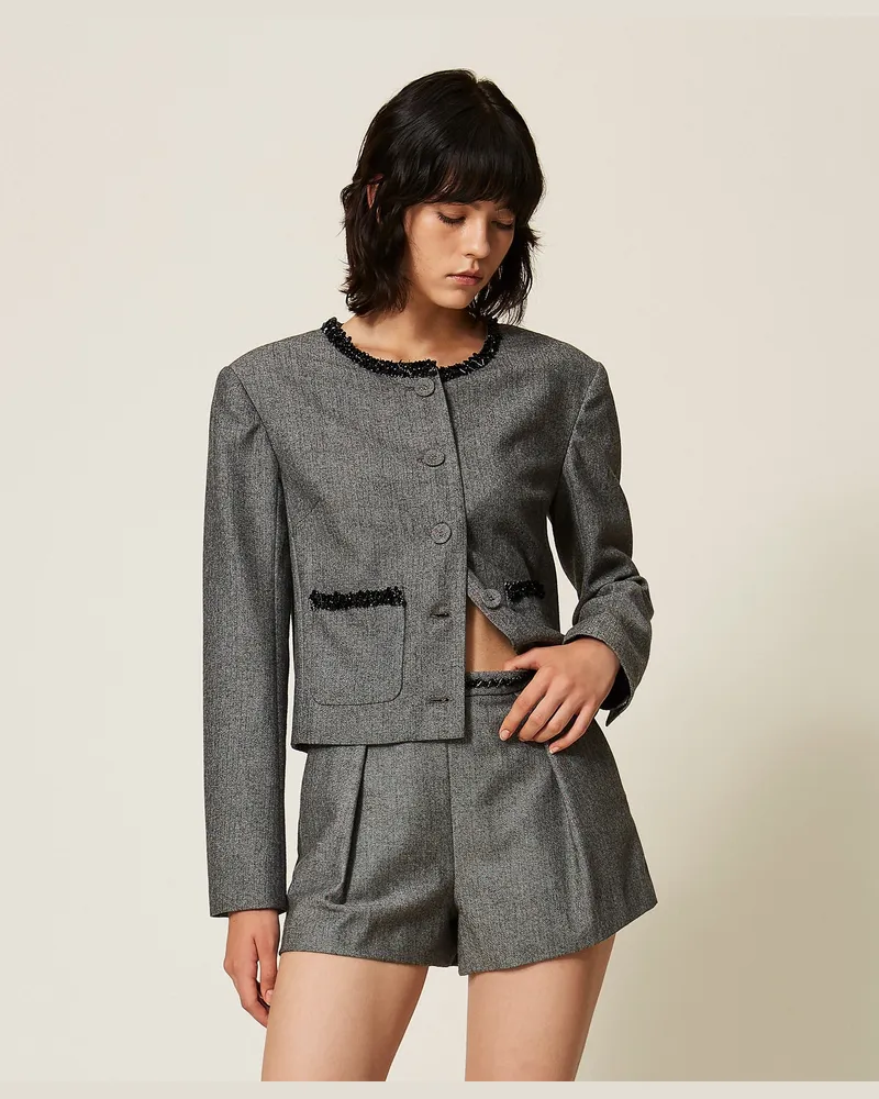 Twin-Set Wollblazer mit Fischgratmuster, Damen, Light Chevron Snow / Black Light