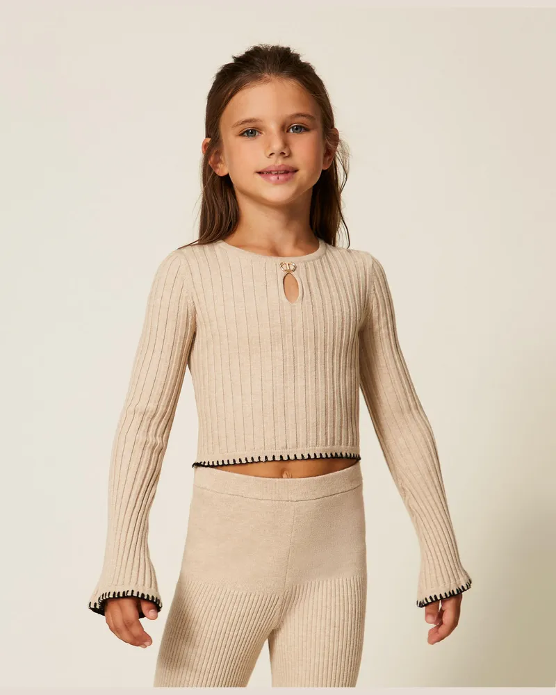 Twin-Set Gerippter Rundhalspullover mit Stickerei, „Biscuit"-Beige, Größe: 8A 