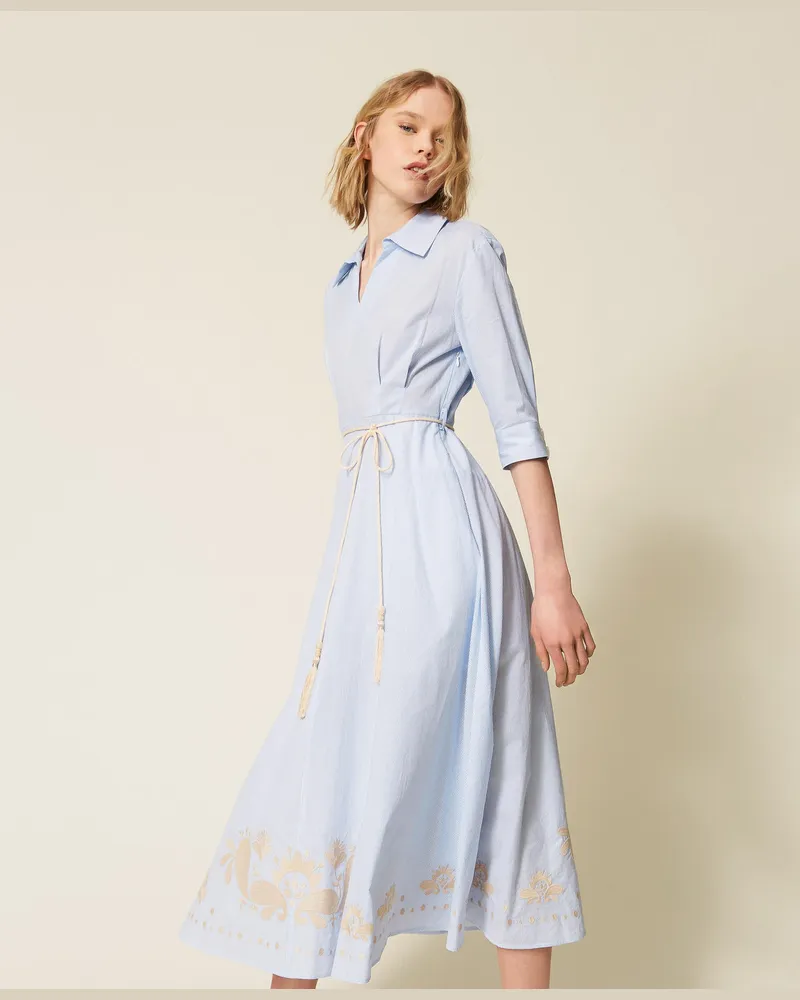 Actitude by Twinset Kleider - Langes, gestreiftes Kleid mit Stickerei, Off White/Light Blue Embroidery Pinstripe, Größe Off