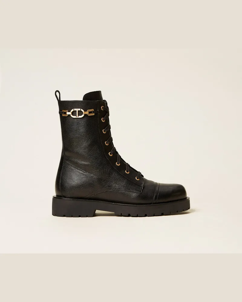 Twin-Set Schuhe - Stiefelette aus Leder mit Kette und Oval T, Schwarz, Größe Schwarz