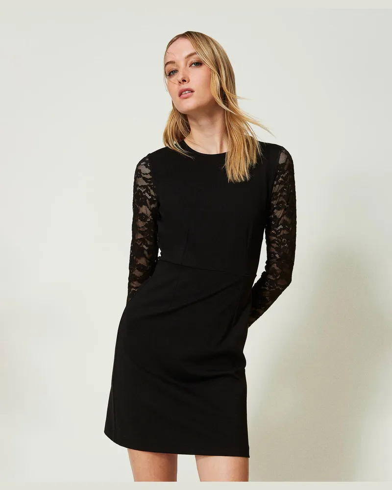 Twin-Set Kleider - Kurzes Kleid mit Ärmeln aus Spitze, Schwarz, Größe Schwarz