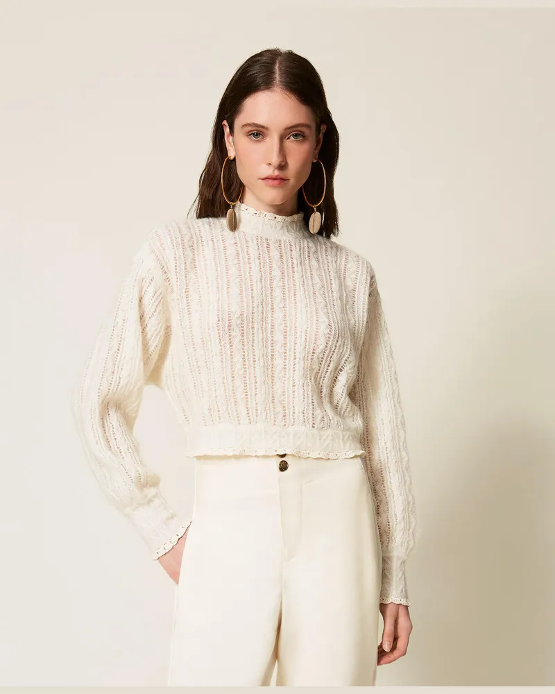Twin-Set Pullover aus Mohair-Wolle-Mischung, Weiß Schnee, Größe Weiß