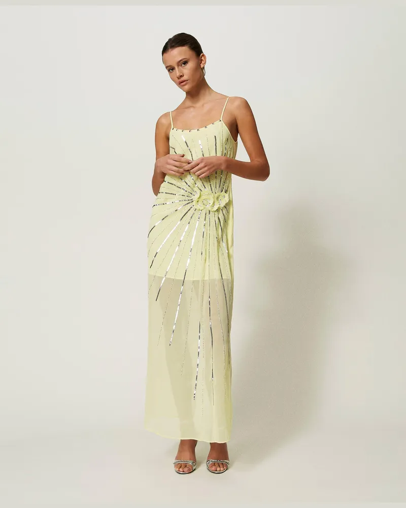 Actitude by Twinset Kleider - Maxikleid aus Georgette mit Stickereien, Lime Gelb, Paillettes, Größe Lime
