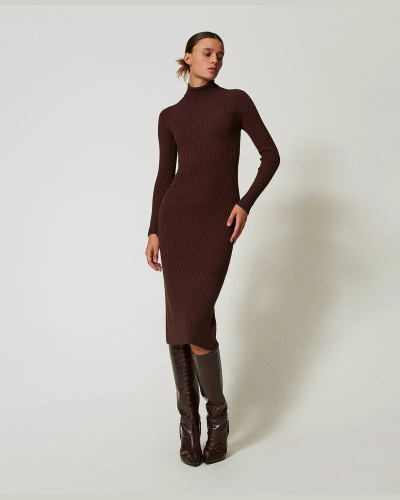 Twin-Set Kleider - Maxi-Strickkleid mit Rippenmuster und Cut-out, Kaffeeschokolade, Größe Kaffeeschokolade