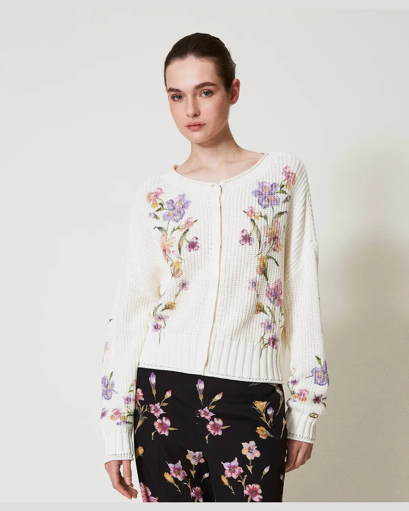 Twin-Set Cardigan-Pullover mit Blumenprint, Print Iris Multicolor / Perlmutt, Größe: XXL 