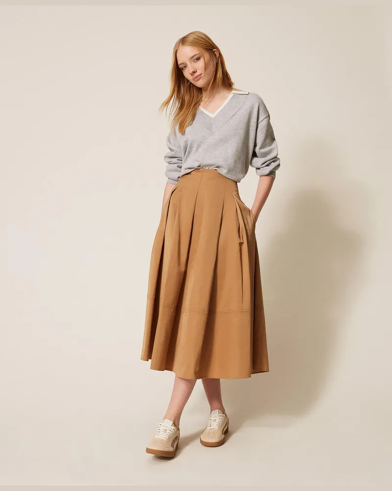 Twin-Set Röcke - Midirock aus Taft mit Falten, „Walnut"-Beige, Größe „walnut“-beige