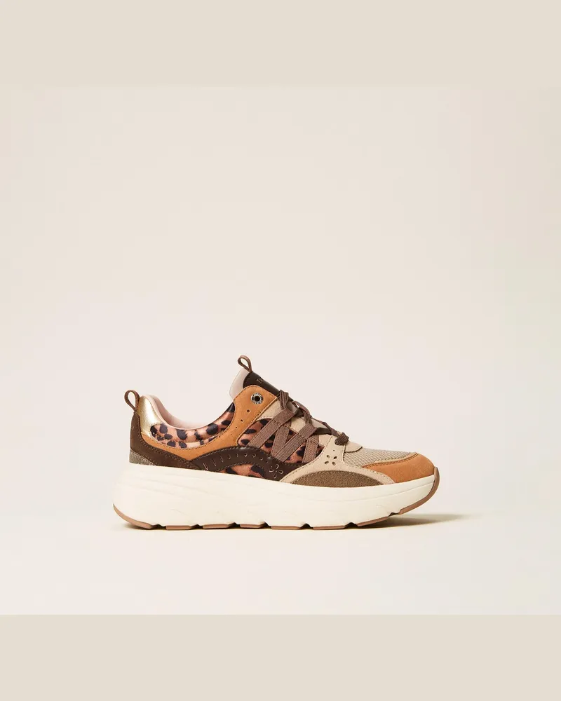 Twin-Set Ledersneakers im Laufschuhstil, Damen, Leopardenmuster Leopardenmuster