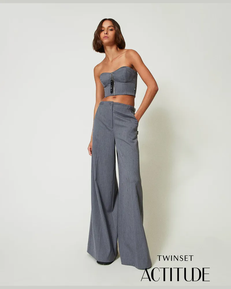 Twin-Set Hosen - MYFO Palazzohose mit Stickerei, Mittelgrau-Melange, Größe Mittelgrau-melange