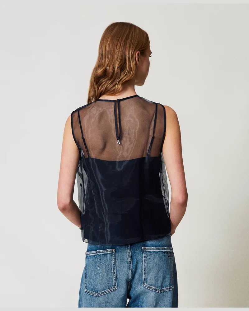 Actitude by Twinset Tops - Organza-Top mit Handstickereien, Deep Blue, Größe: L 