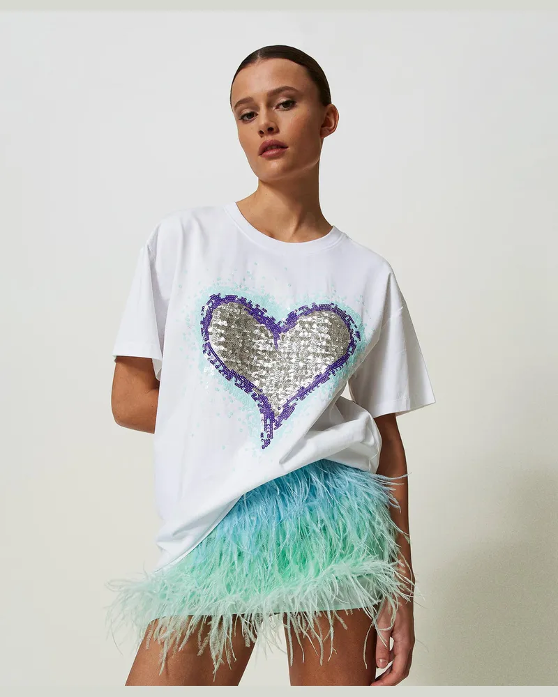 Actitude by Twinset T-Shirts - MYFO Oversize-T-Shirt mit Grafik und Pailletten, Stickerei Herz, Paillettes, Größe: XXS 