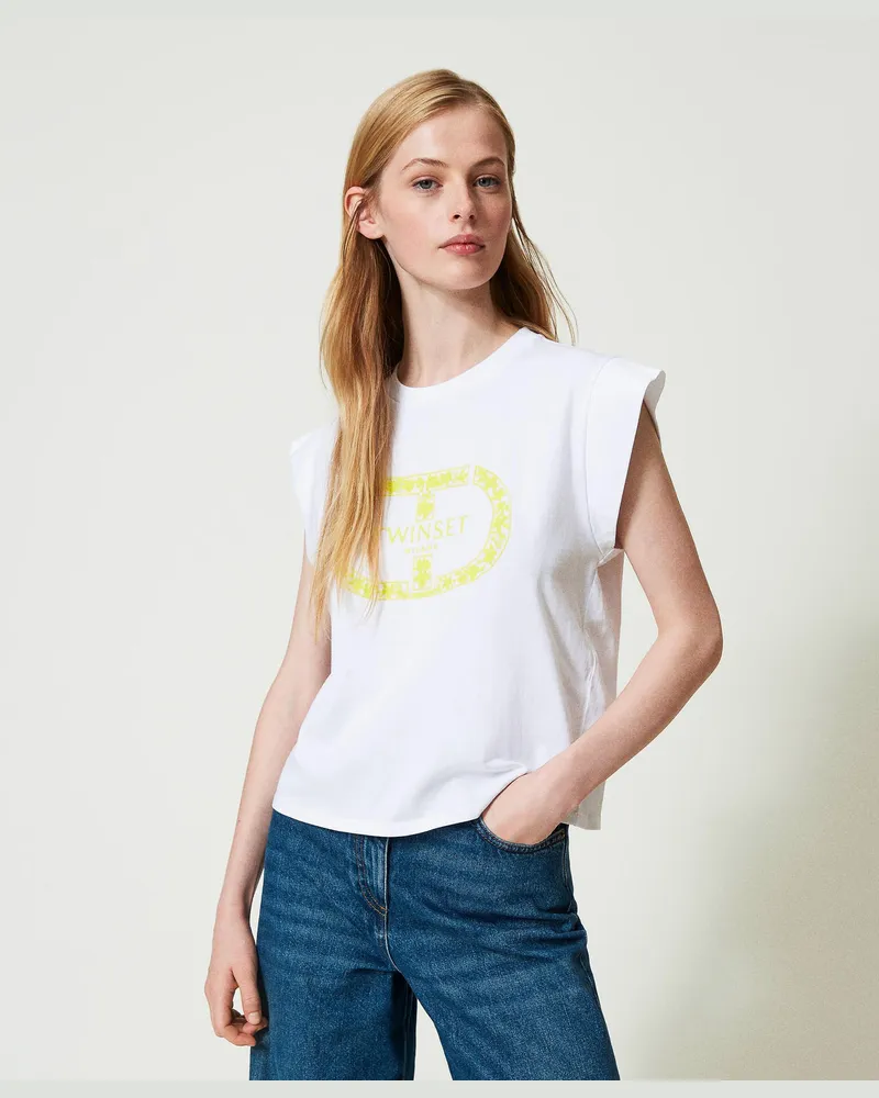 Twin-Set T-Shirts - T-Shirt mit Oval T und Flügelärmeln, Stickerei Optisches Weiß / Light Lemon, Baumwolle, Größe: XXL 