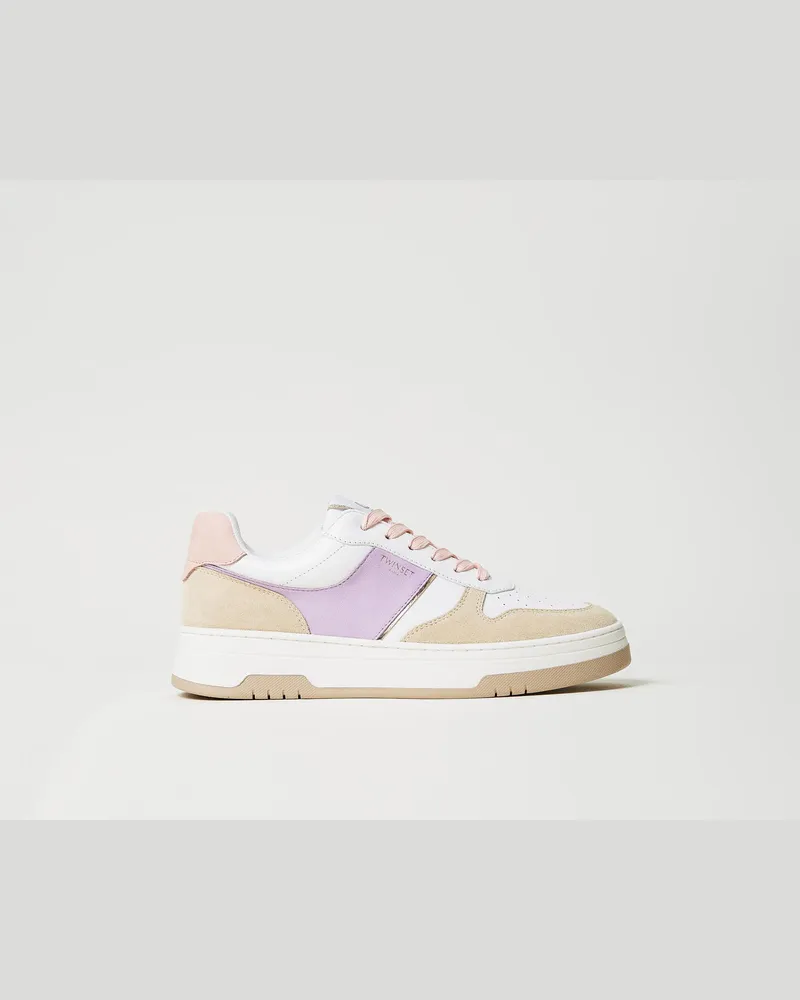Twin-Set Schuhe - Ledersneaker im Colorblock-Look, Zweifarbig Lavendel / Cupcake Pink, Größe Zweifarbig