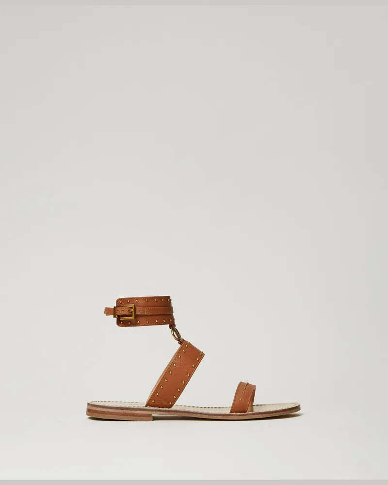 Twin-Set Schuhe - Flache Sandale aus Leder mit Nieten, Größe Leder