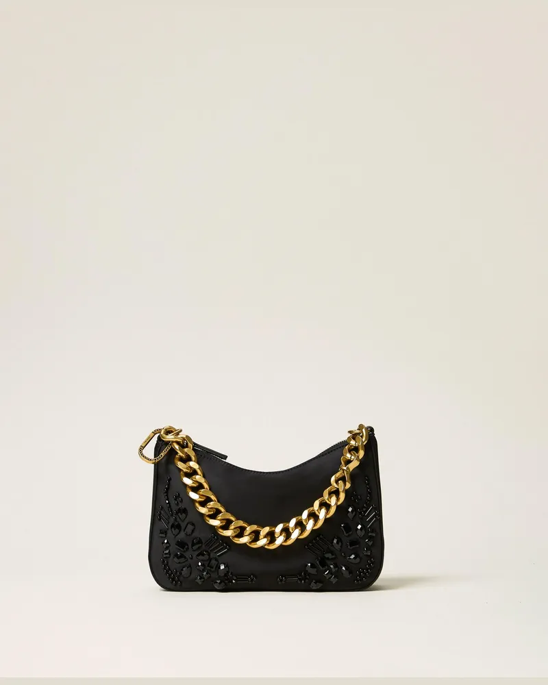 Twin-Set Liliane Tasche aus Satin mit Stickerei, Damen, Schwarz Schwarz