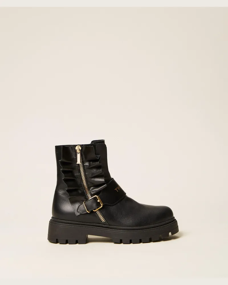 Twin-Set Schnürstiefelette aus Leder mit Volants, Damen, Schwarz Schwarz