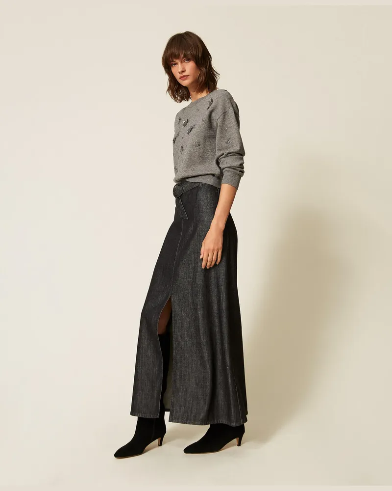 Actitude by Twinset Rundhalspullover mit Stickmotiv Mittelgrau-melange