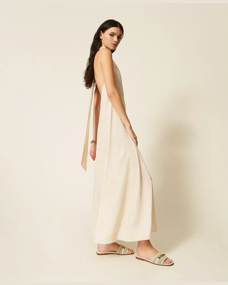 Actitude by Twinset Kleider - Langes Neckholder-Kleid mit Printmotiv, Burn Wash Printed Beige „Safari", Größe Burn