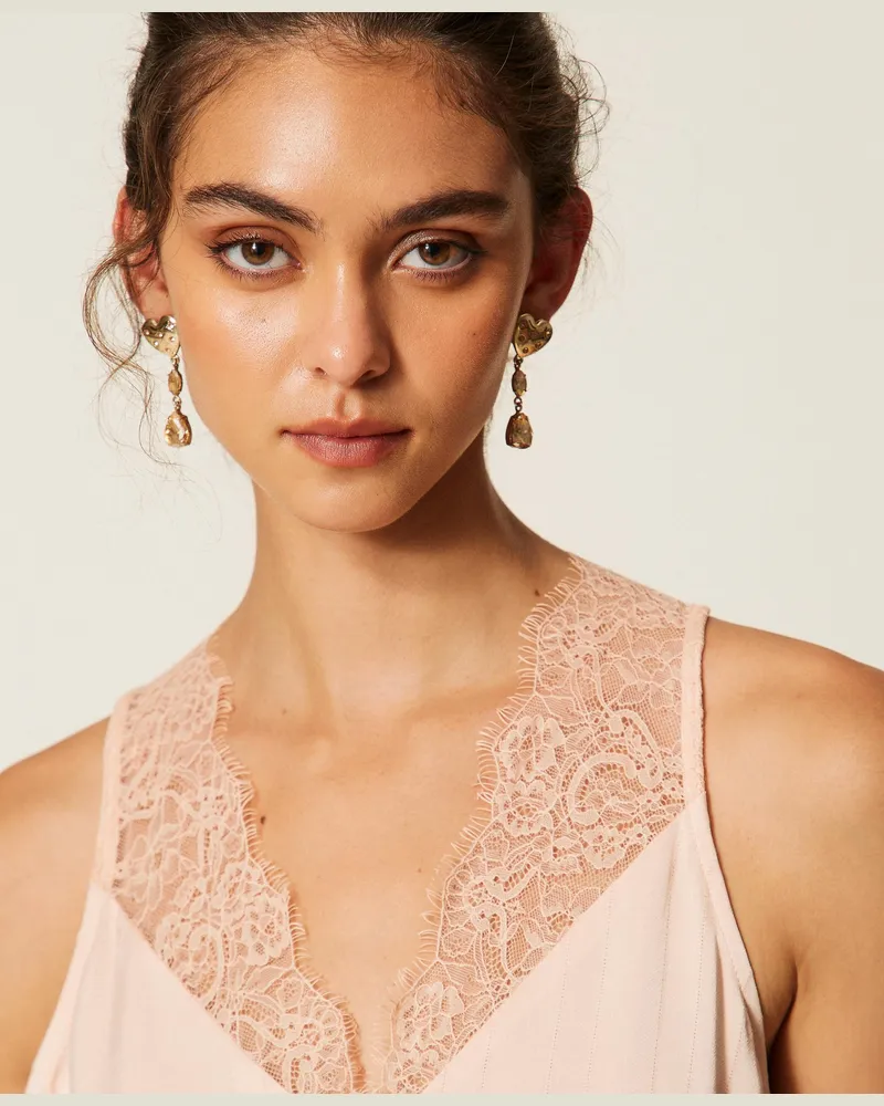 Twin-Set Top aus Satin und Spitze, Damen, „Peachy Keen"-Rosa „peachy