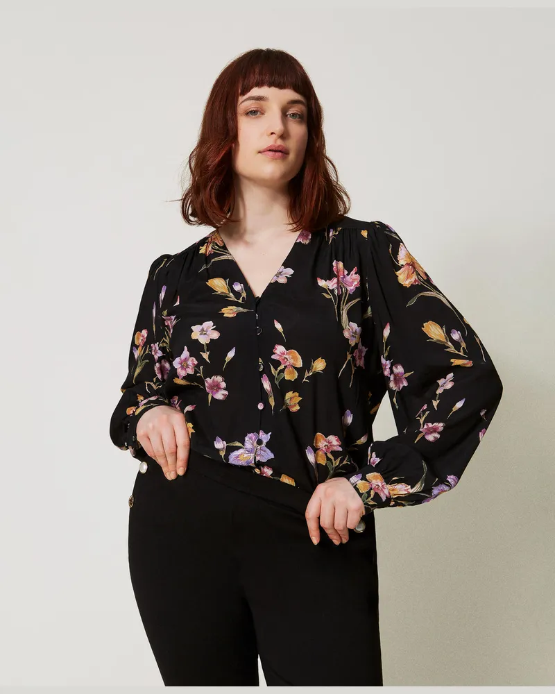 Twin-Set Hemden - Hemd aus Crêpe de Chine mit Blumendessin, Print Iris Multicolor / Black, Größe Print