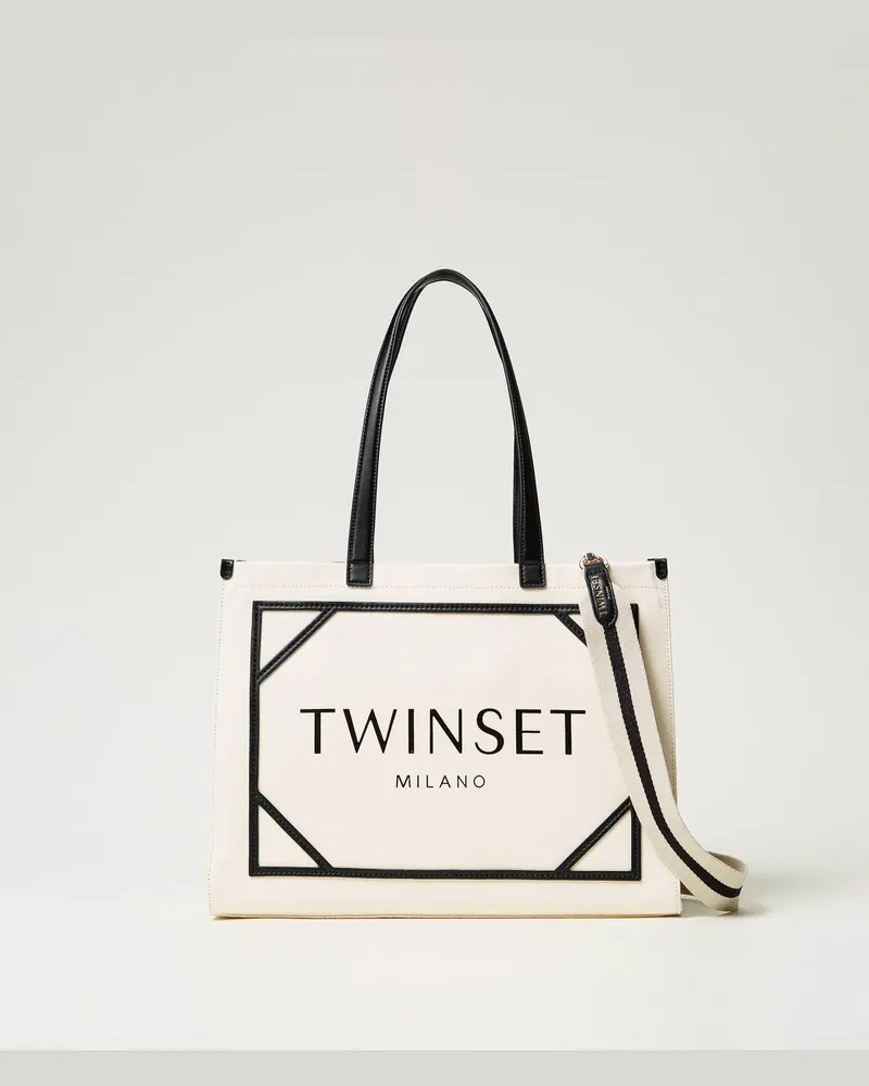 Twin-Set Taschen - Shopper aus Canvas mit Logo, Perlmutt, Einheitsgröße Perlmutt