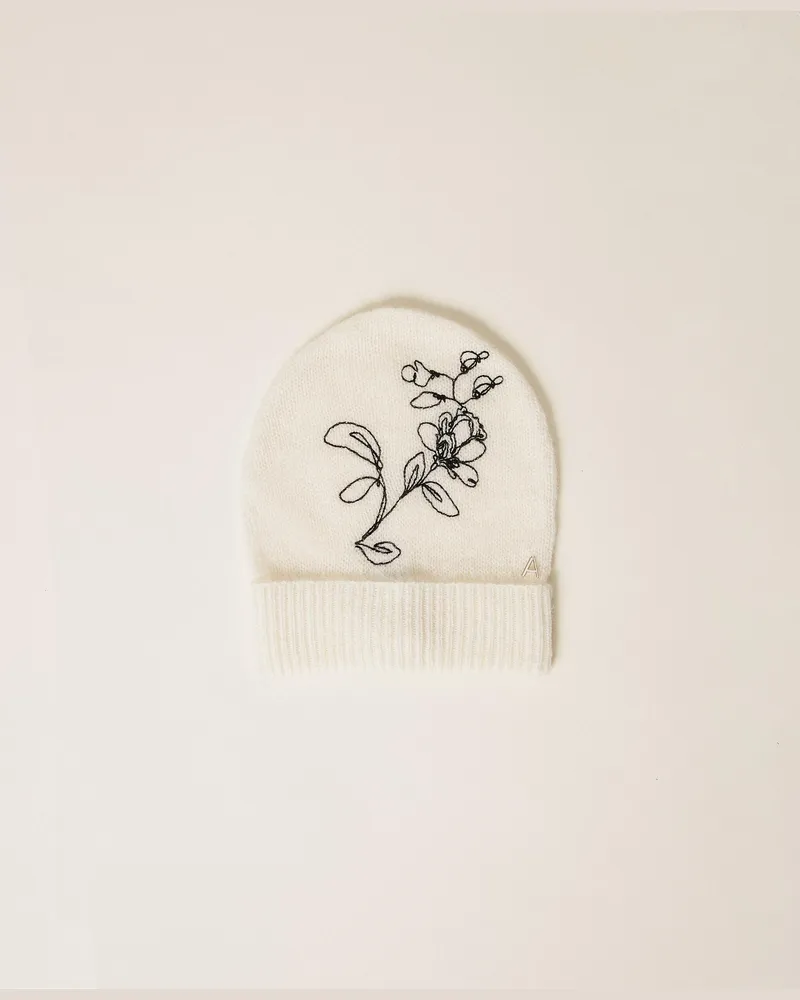 Twin-Set Strickmütze mit floralem Stickmotiv, Damen, "Schneeweiß" / Stickerei Schwarz Schneeweiß