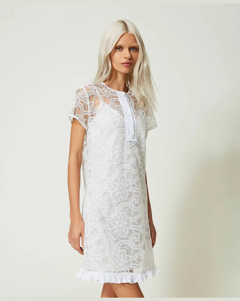 Actitude by Twinset Kleider - Kurzes Kleid aus besticktem Organza, "Papers"-Weiß, Größe Papers-weiß