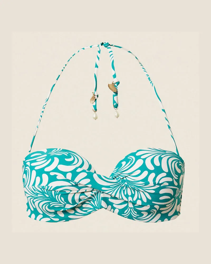 Twin-Set Bademode - Wattiertes Bandeau-Bikinitop mit botanischem Printmotiv, Print Botanical Light Emerald/Vanilleweiß, Größe Print