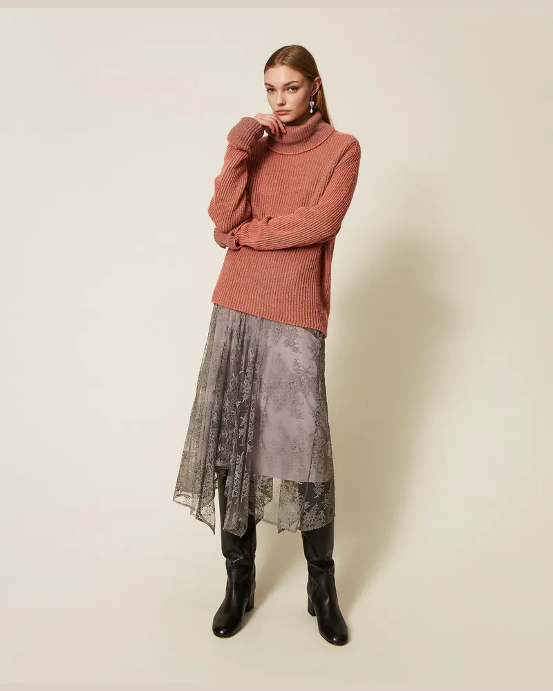 Twin-Set Rollkragenpullover mit Vanisé-Muster aus Wollmischung, Dusty Pink / Taubenbraun, Wolle, Größe: L 