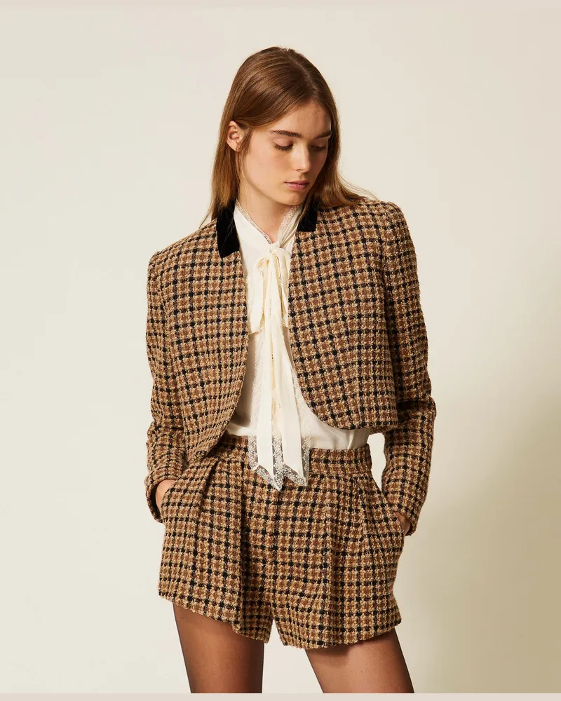 Twin-Set Spenzer-Jacke aus Bouclé mit Karomuster, Damen, Bouclè Little Check Brown / "Nut"-Braun / Gold Bouclè