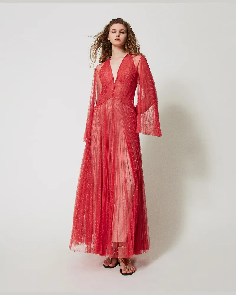 Twin-Set Kleider - Maxikleid aus plissiertem Tüll, Rot Blood Orange, Plissee, Größe Rot