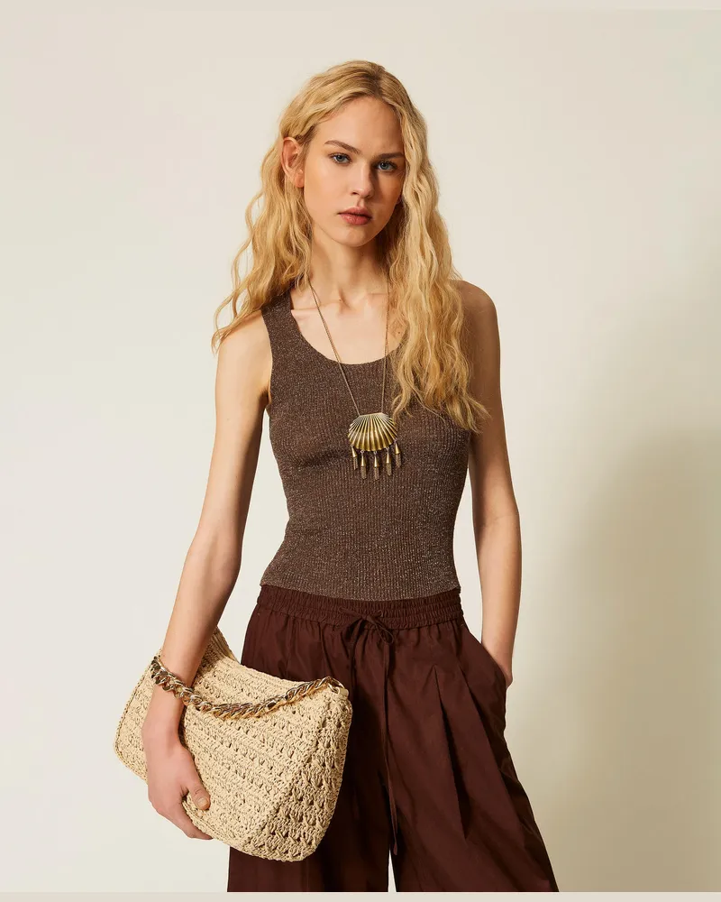 Twin-Set Top aus Leinenstrick mit Lurex Coffee