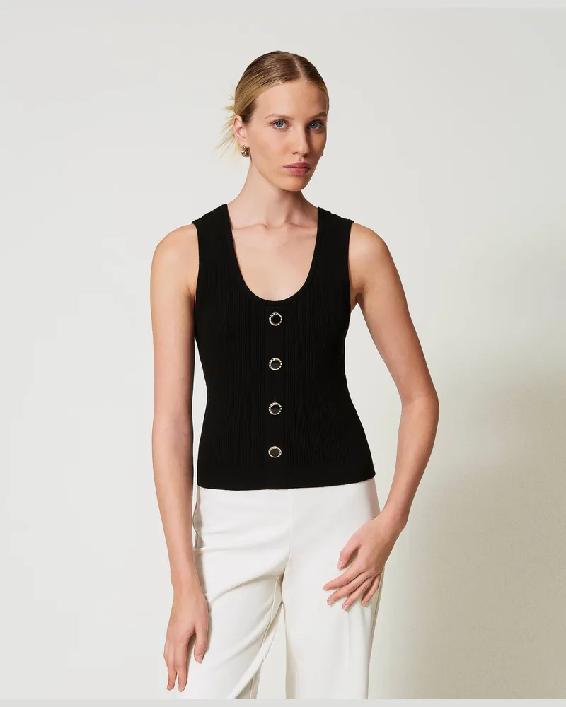 Twin-Set Tops - Stricktop mit Zierknöpfen, Schwarz, Größe: XXL 