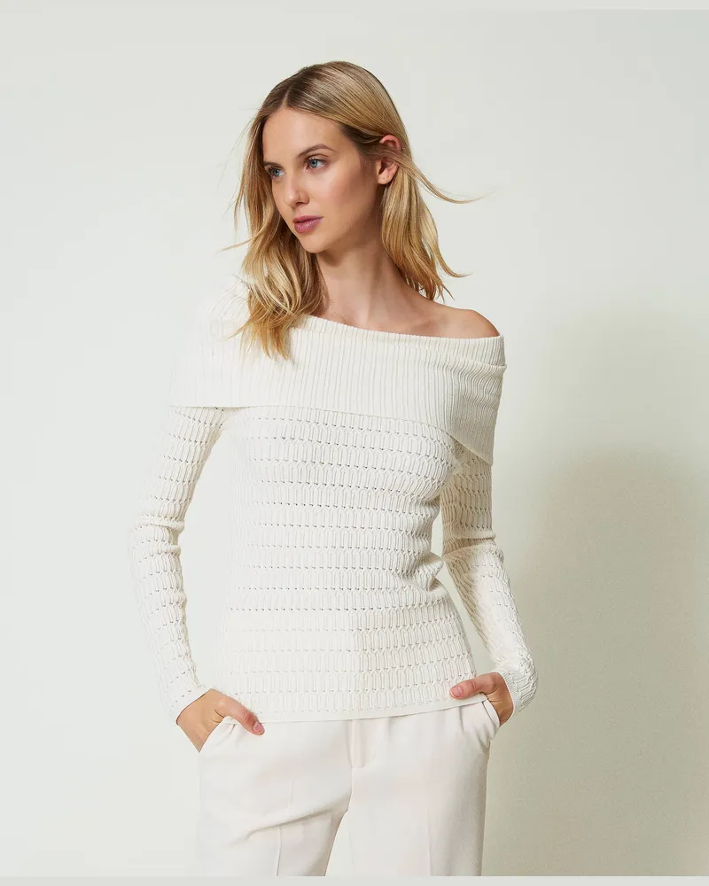 Twin-Set Figurbetonter Off-Shoulder-Pullover, Perlmutt, Größe: M 