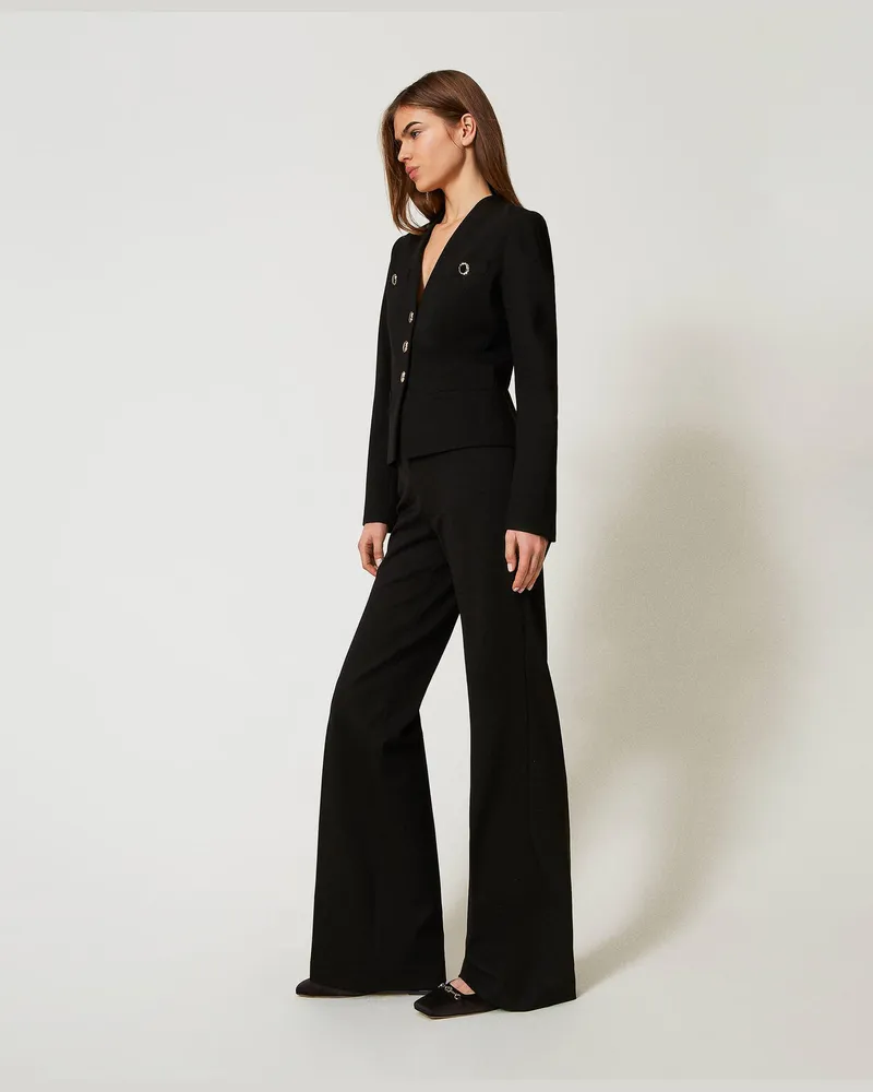 Twin-Set Hosen - Wide-Leg-Hose mit Schmuckknöpfen, Schwarz, Jersey, Größe Schwarz