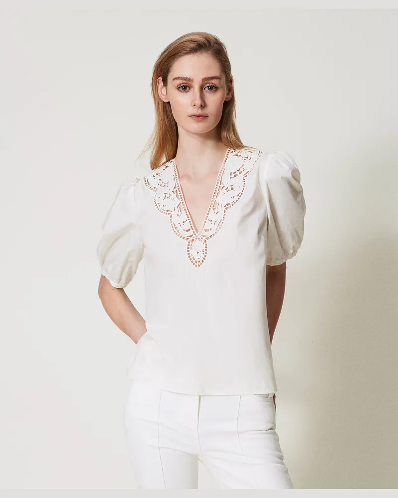 Twin-Set Blusen - Bluse aus Popeline mit Lochstickereien, Weiß Schnee, Baumwolle, Größe Weiß