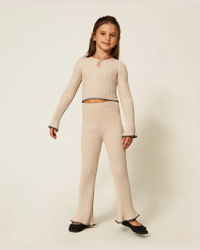 Twin-Set Hosen - Gerippte Strickhose mit Stickerei, „Biscuit"-Beige, Größe „biscuit“-beige