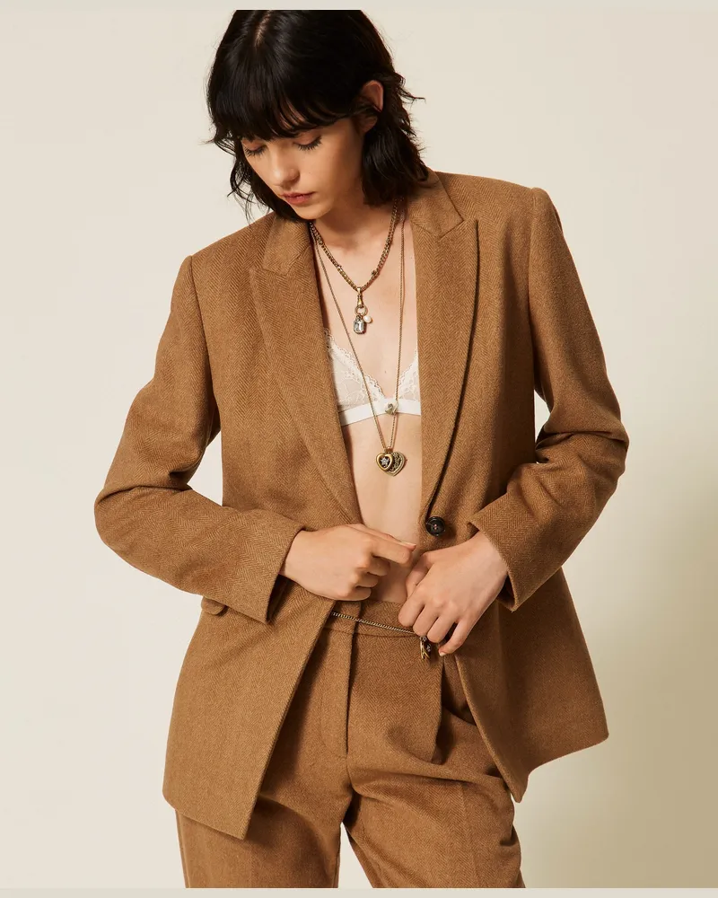 Twin-Set Fischgrat-Blazer aus Wollmischung, Damen, Toffee Herringbone Toffee