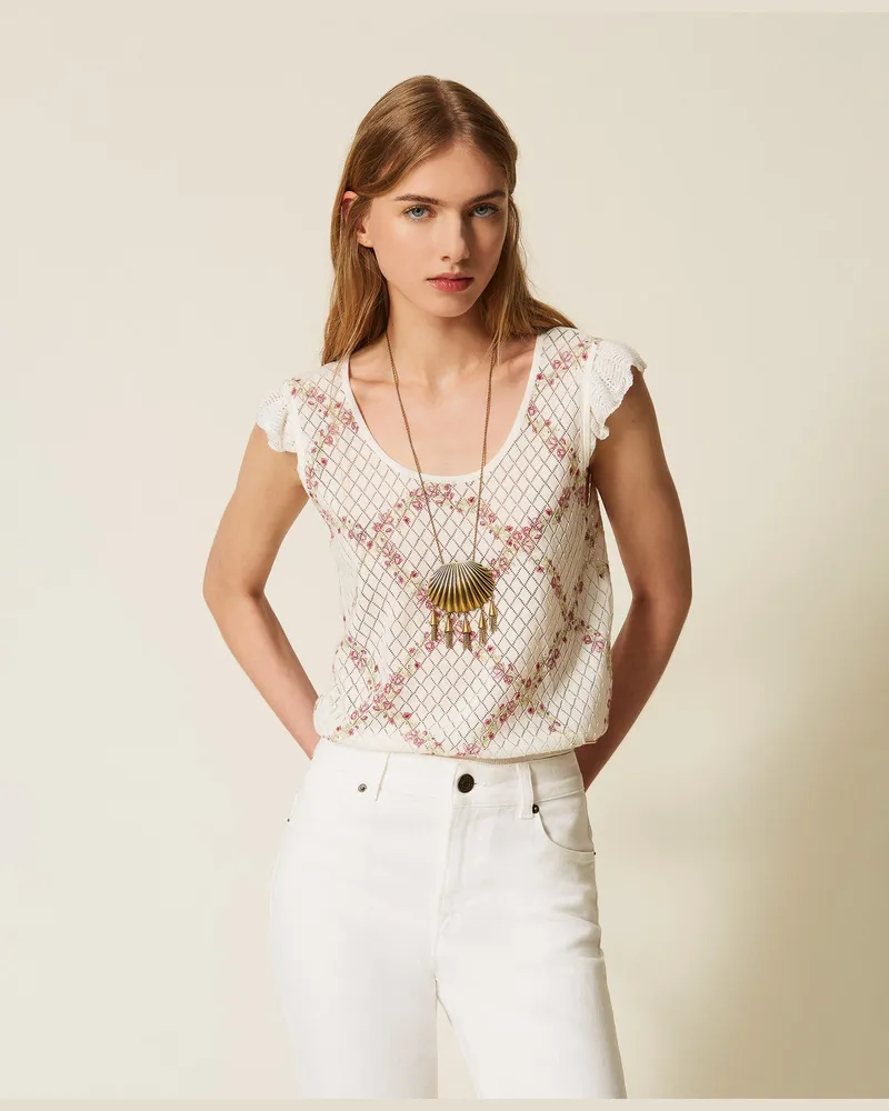 Twin-Set Pullover - 2-in-1-Stricktop mit Kirschen-Print, Print Delicate Geometries Pastel, Baumwolle, Größe Print