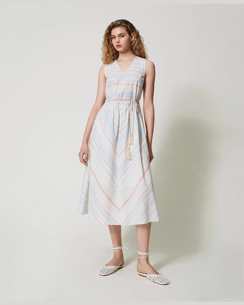 Twin-Set Bademode - Gestreiftes Maxikleid aus Leinenmischung, Streifen Sugar / Coral Sunset / Blue Topaz, Größe: XS 