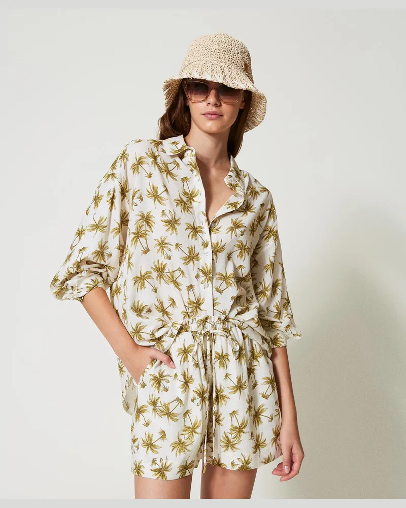 Twin-Set Bademode - Shorts aus Leinenmischung mit Palmenprint, Palmenprint Perlmutt / Olive Leaf, Größe: S 