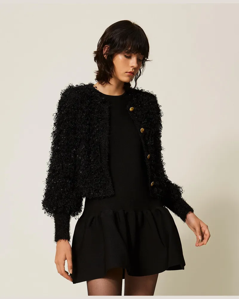 Twin-Set Strickjacke in Pelzoptik, Damen, Schwarz Schwarz