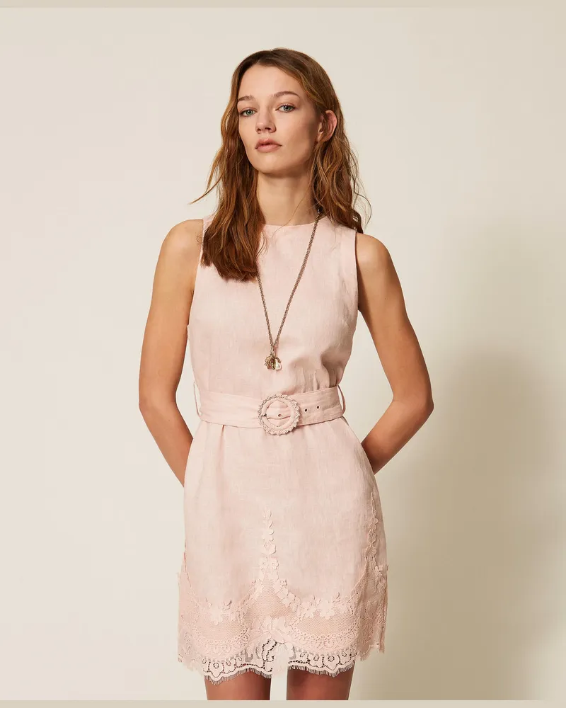 Twin-Set Kleider - Kurzes Leinenkleid mit Spitze, Pearl Rose, Größe Pearl