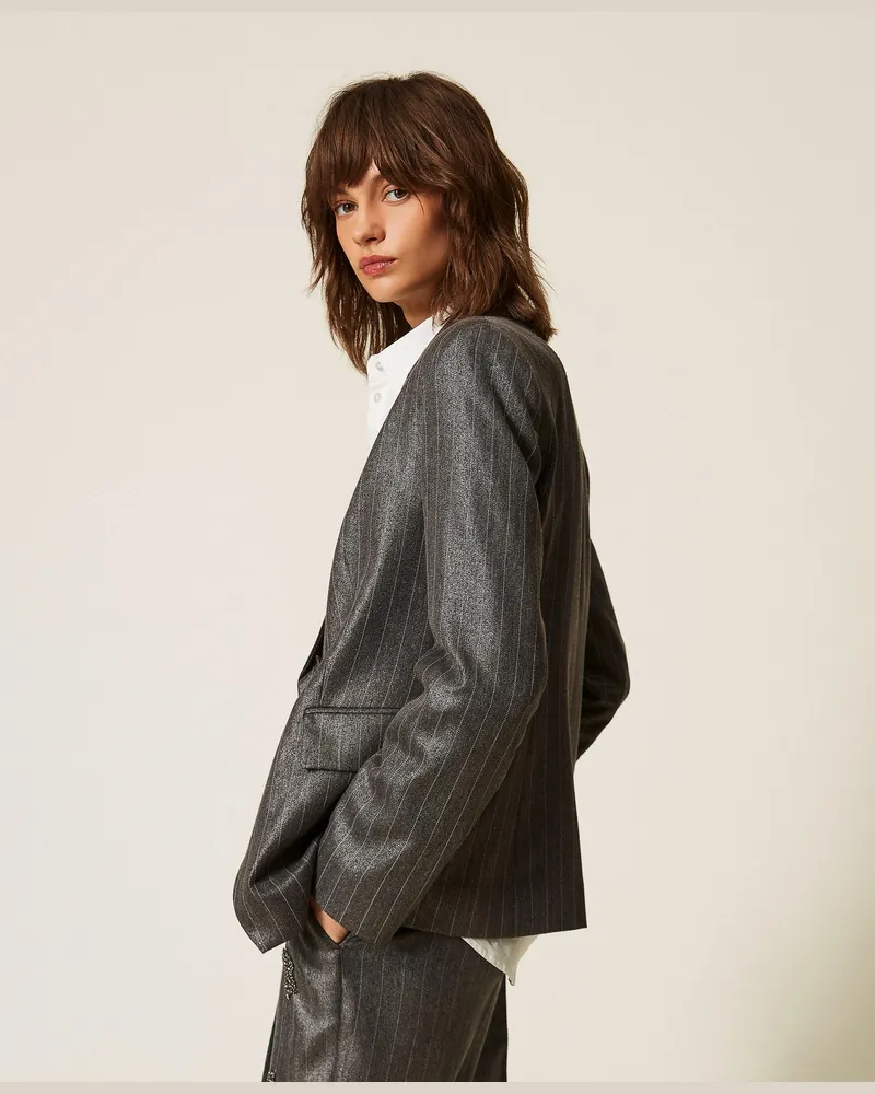 Twin-Set Zweireihiger Blazer mit Streifen, Damen, Anthrazit Beschichtet Anthrazit